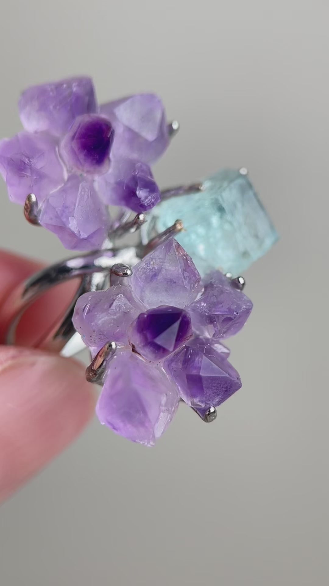 Video of raw Amethyst flower and Aquamarine ring from Brazil