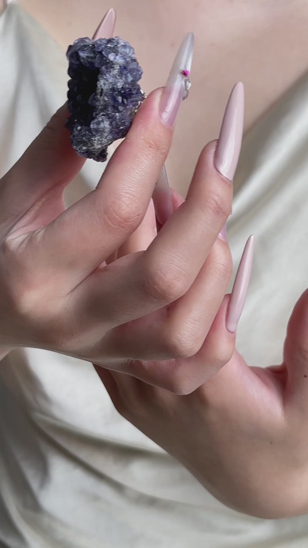 Tanzanite-colored fluorite mineral specimen ring with cube crystal structure on quartz matrix, natural crystal jewelry display