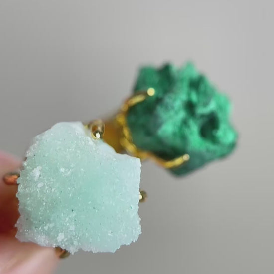 Raw Blue Aragonite and Fibrous Malachite ring video showing natural mineral texture
