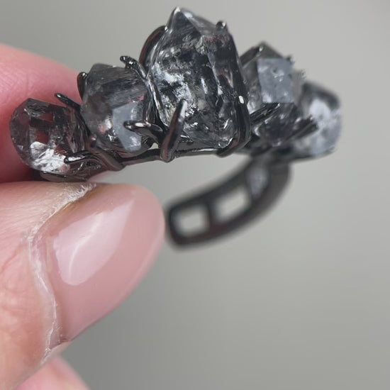 video black herkimer diamond quartz row ring