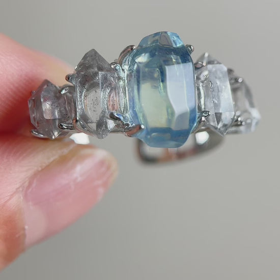 Aquamarine and Herkimer Diamond Quartz Ring video
