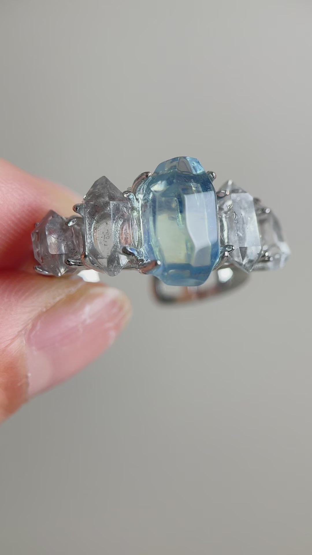 Aquamarine and Herkimer Diamond Quartz Ring video