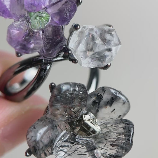 Video of raw amethyst flower, tourmalinated quartz flower and Herkimer Diamond Quartz crystal garden ring by Oryssia