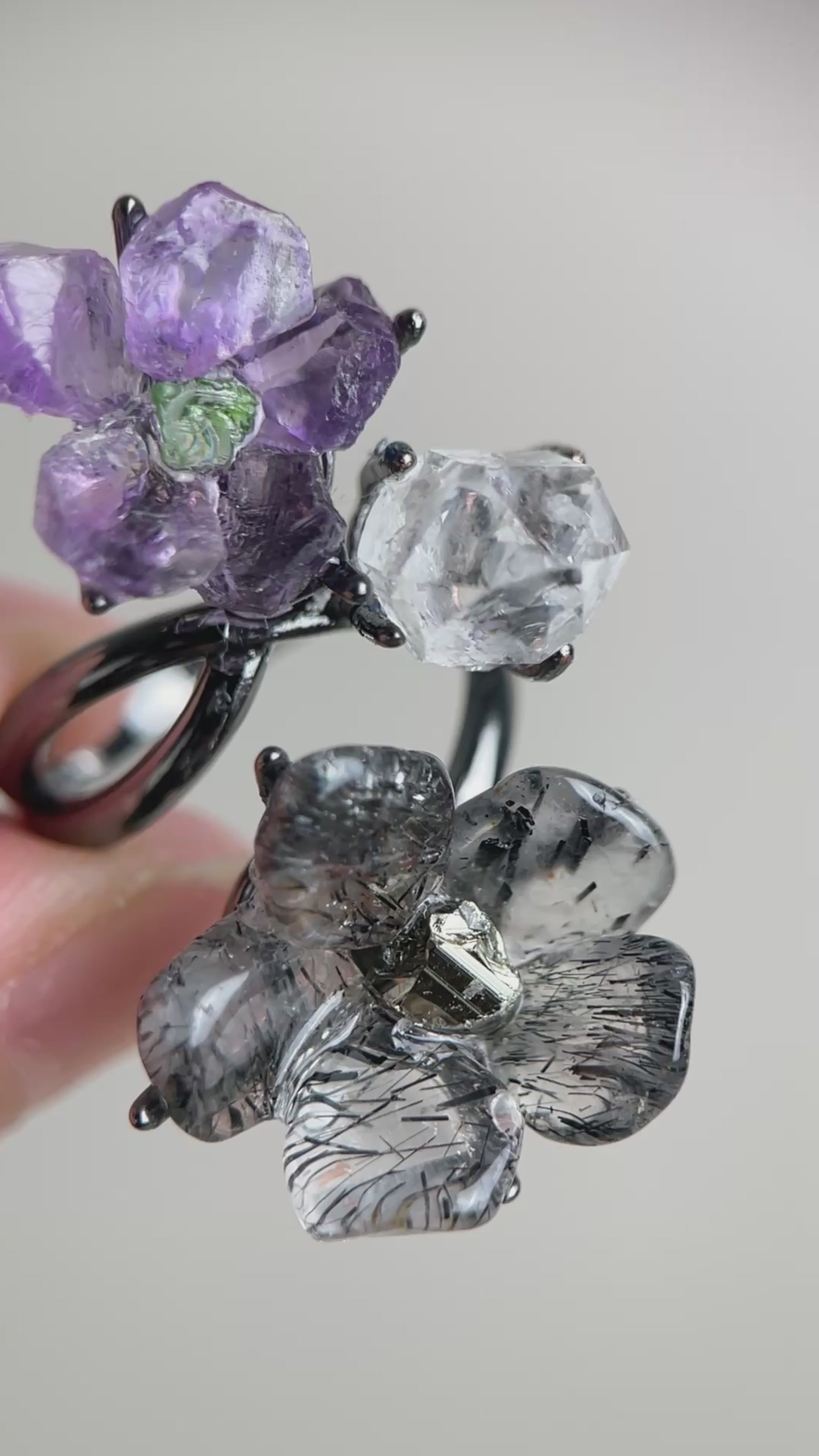 Video of raw amethyst flower, tourmalinated quartz flower and Herkimer Diamond Quartz crystal garden ring by Oryssia