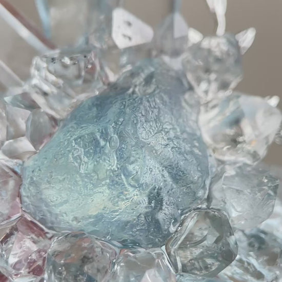 Video of raw aquamarine Herkimer Diamond Quartz and clear quartz flower ring