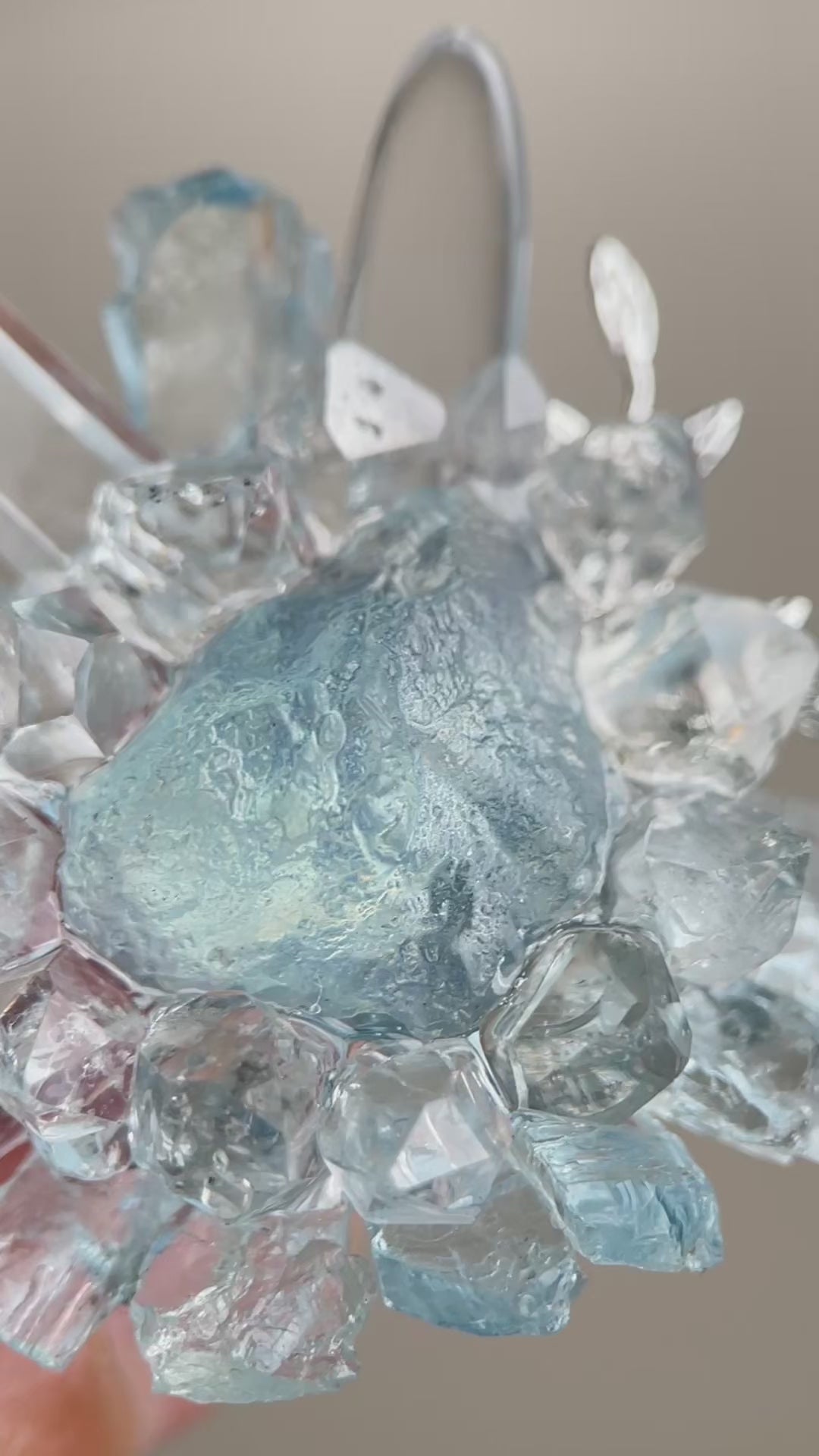 Video of raw aquamarine Herkimer Diamond Quartz and clear quartz flower ring