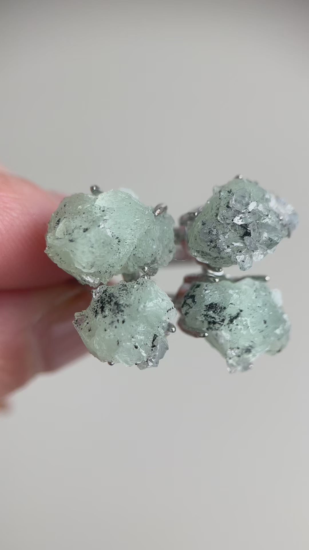 Video of Green Prehnite, Quartz and Magnetite Mineral Specimen Ring featuring natural mineral specimen jewelry design