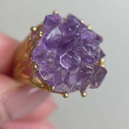 Video of amethyst cluster raw crystal bouquet ring