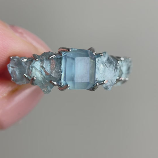 Video of aquamarine row ring with hand cut aquamarine and raw aquamarine natural crystal jewelry