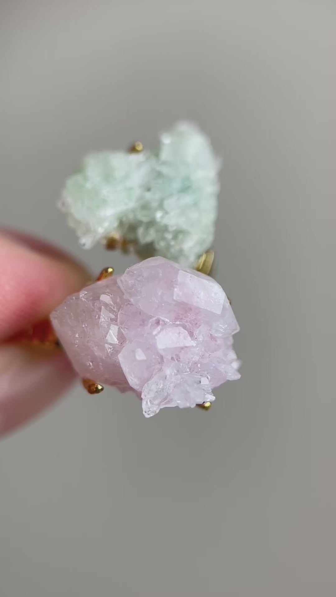 Video of Pink and Green Strawberry Quartz Raw Crystal Ring