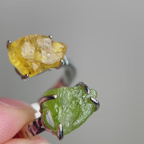 Raw Peridot and Citrine ring video showing natural crystal details