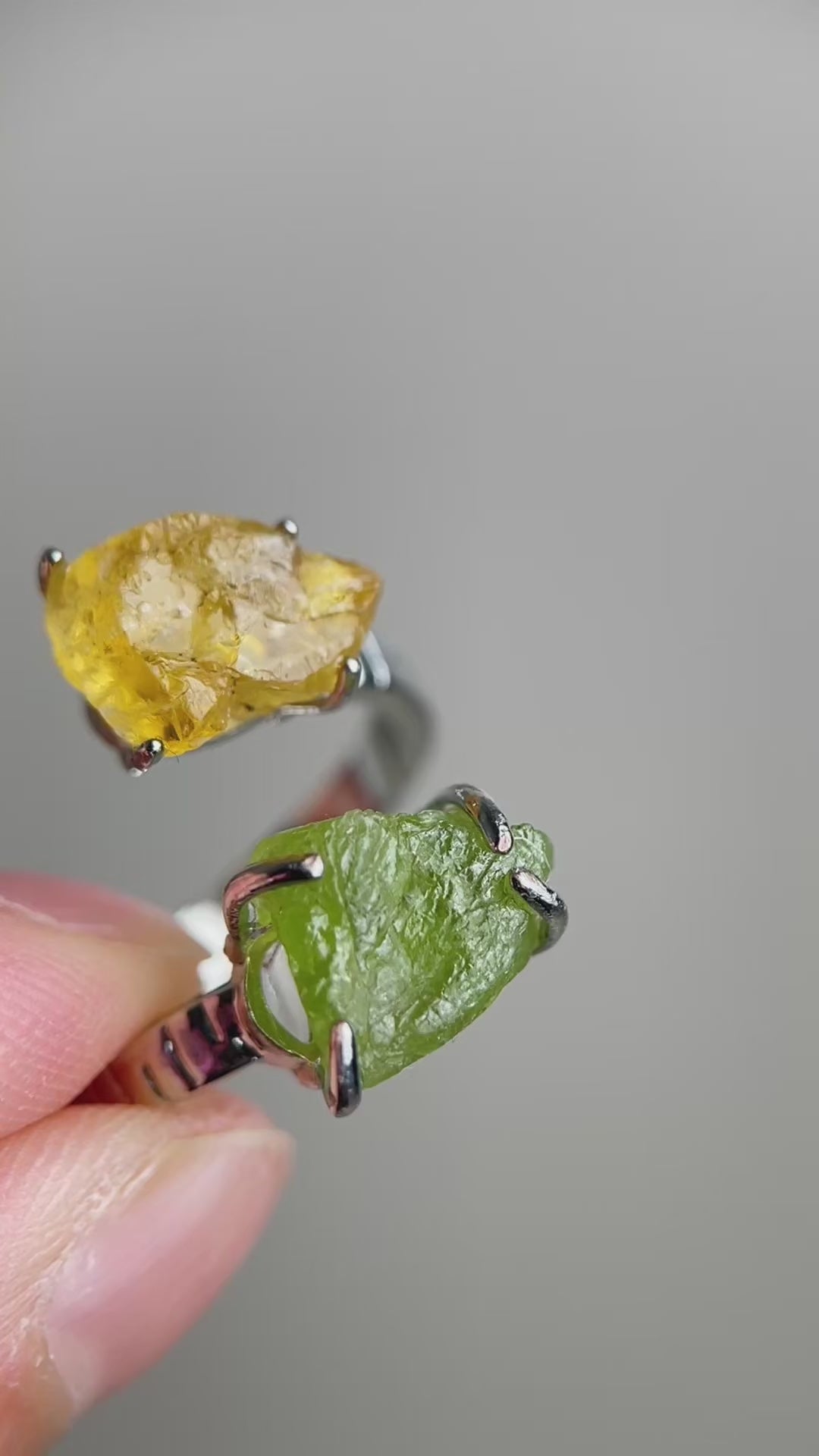 Raw Peridot and Citrine ring video showing natural crystal details