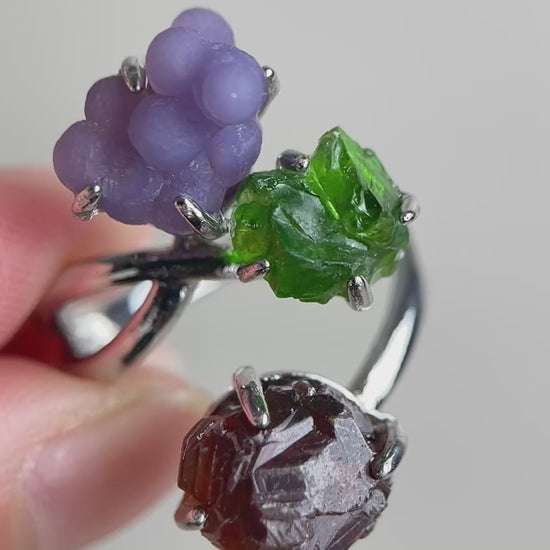 Video of purple grape agate, chrome diopside and raw garnet ring by Oryssia