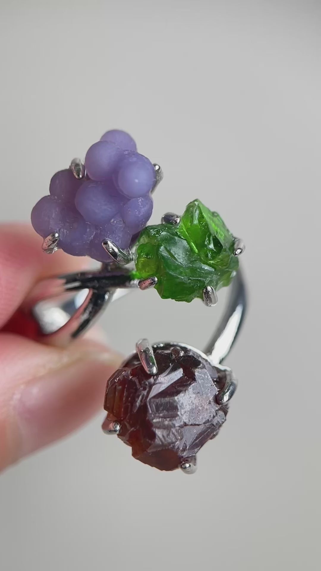 Video of purple grape agate, chrome diopside and raw garnet ring by Oryssia
