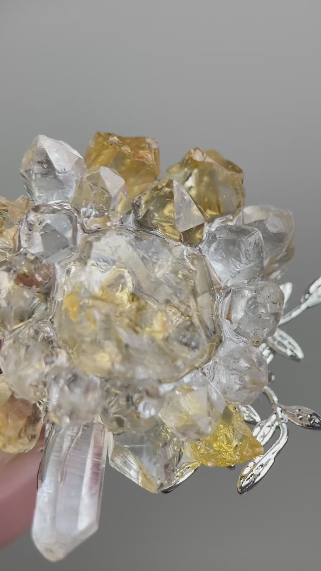 Video of raw citrine Herkimer Diamond Quartz and Lemurian seed quartz flower ring