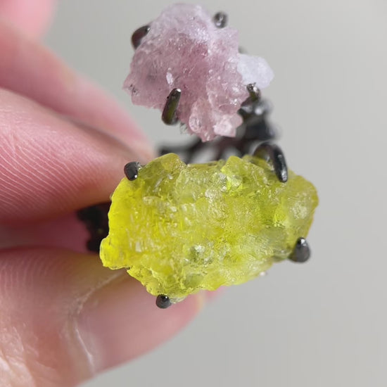 Video of Raw Pink Strawberry Quartz and Brucite two stone ring