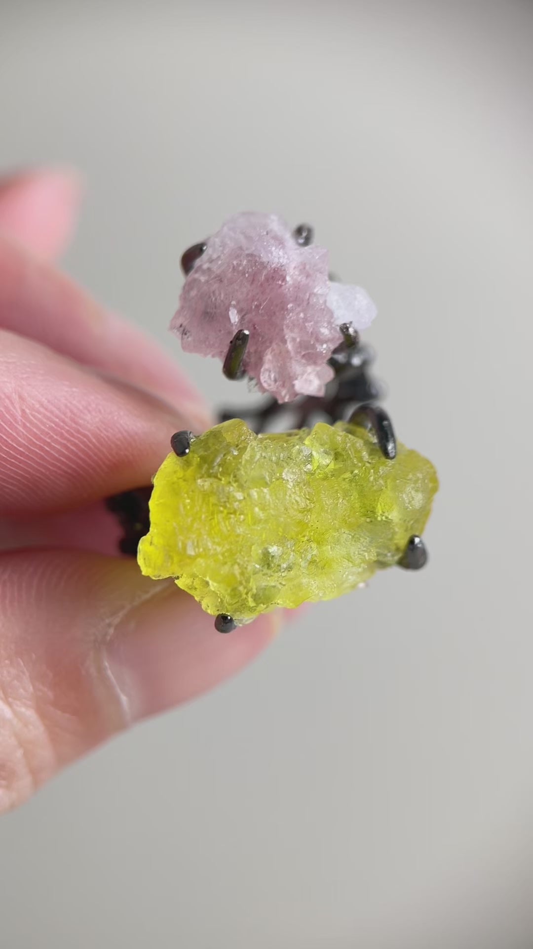 Video of Raw Pink Strawberry Quartz and Brucite two stone ring