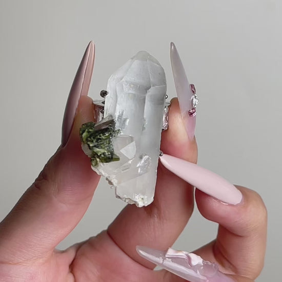 Video of Epidote and Quartz Crystal Point Ring showing natural quartz points and epidote crystals
