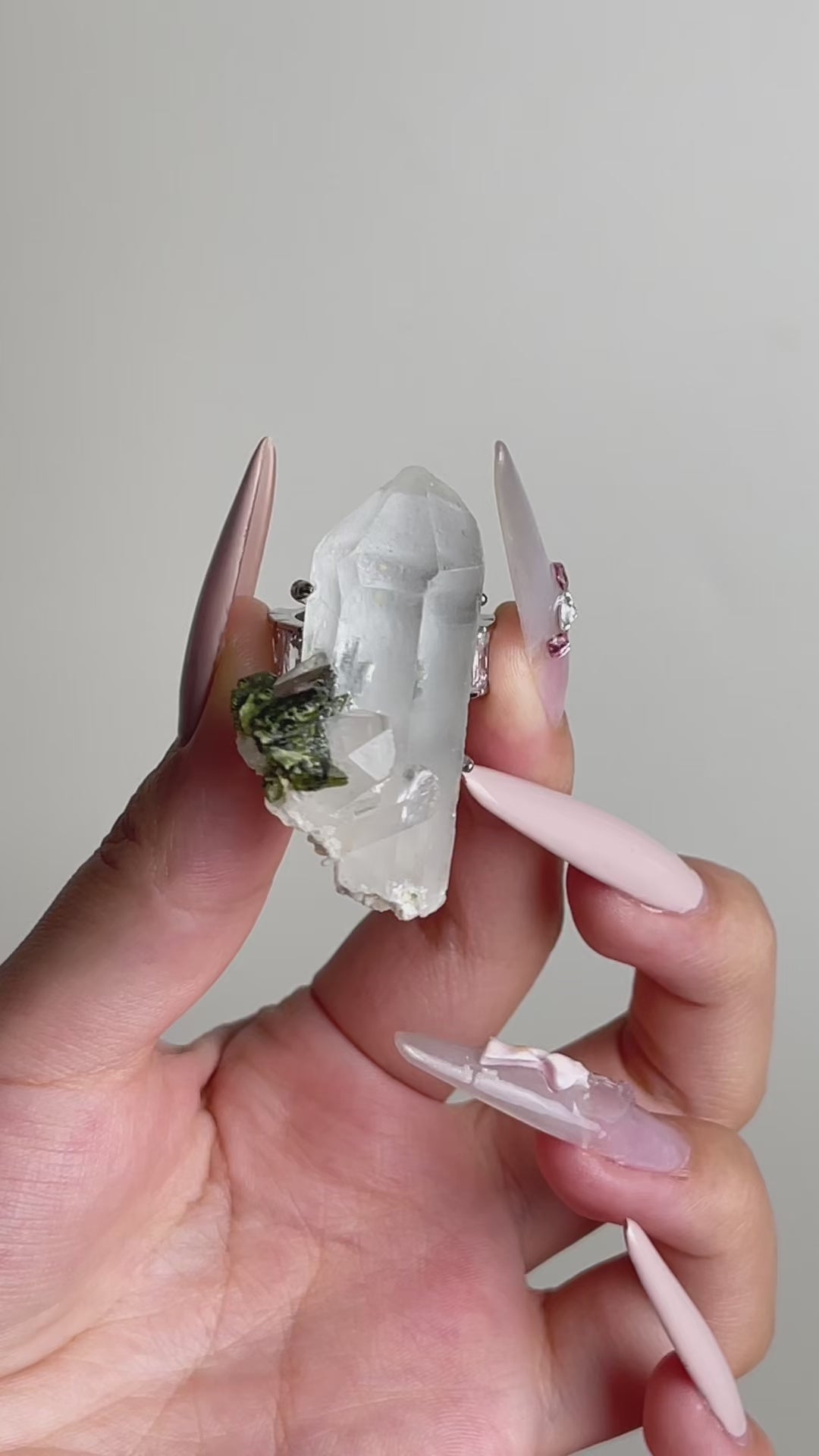 Video of Epidote and Quartz Crystal Point Ring showing natural quartz points and epidote crystals