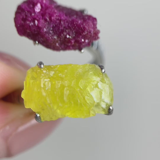 Raw Red Corundum (ruby variety) heart ring paired with soft yellow brucite, a unique crystal jewelry piece combining strength and warmth in natural mineral form