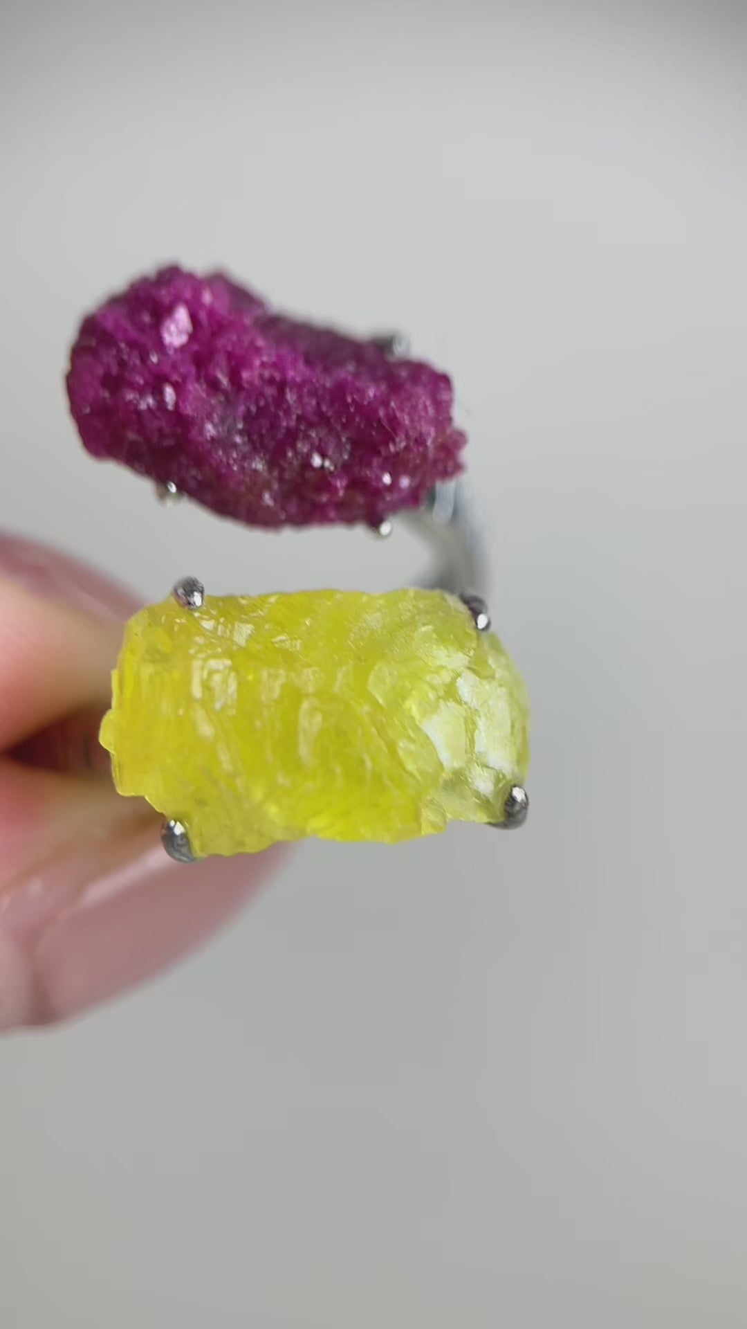 Raw Red Corundum (ruby variety) heart ring paired with soft yellow brucite, a unique crystal jewelry piece combining strength and warmth in natural mineral form