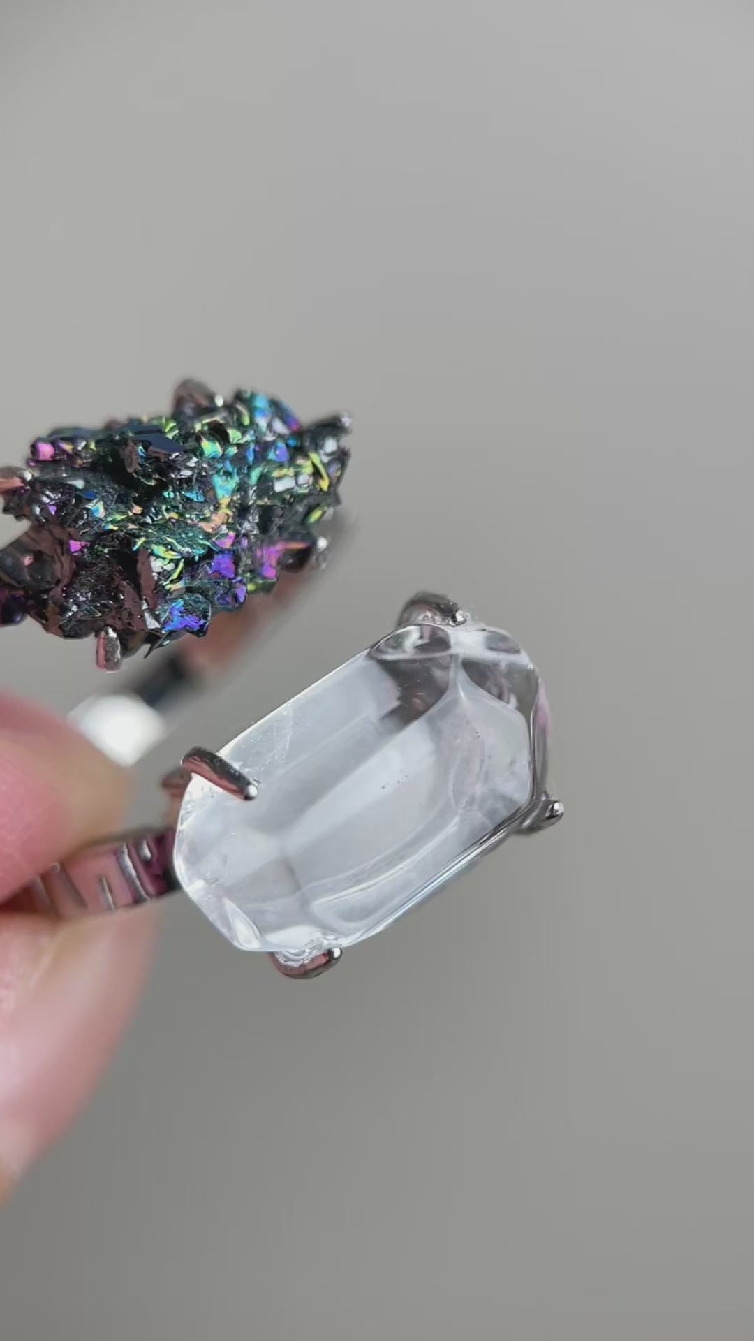 Clear Quartz and Carborundum ring video showing iridescent crystal details