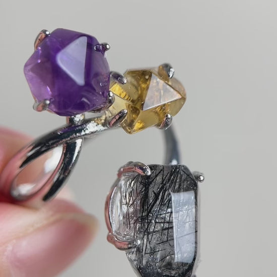 Video of amethyst, citrine and black tourmalinated quartz freeform ring by Oryssia