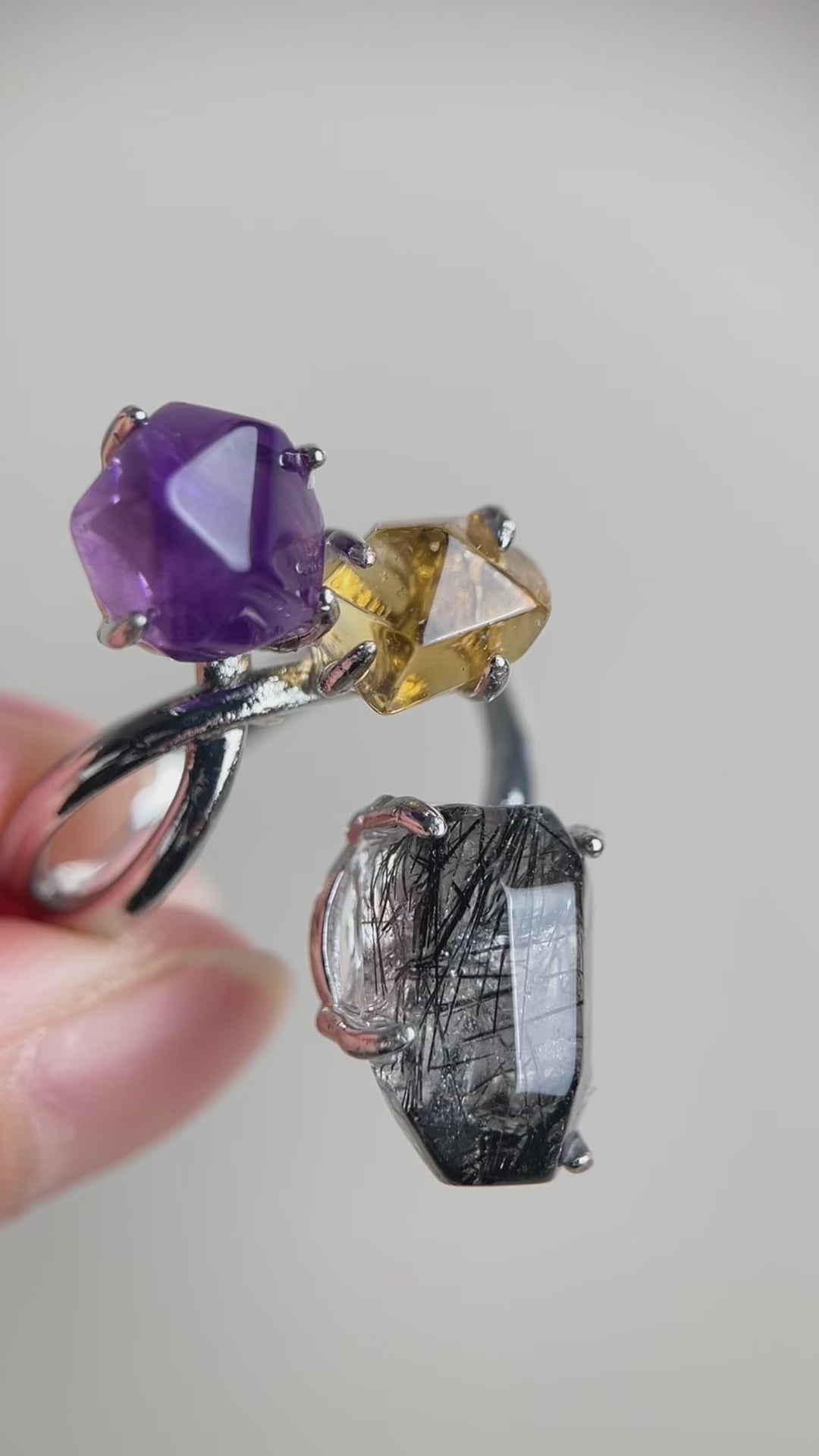 Video of amethyst, citrine and black tourmalinated quartz freeform ring by Oryssia