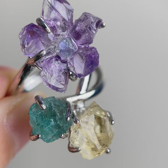 Video of raw amethyst flower, aquamarine, blue apatite and citrine crystal garden ring by Oryssia