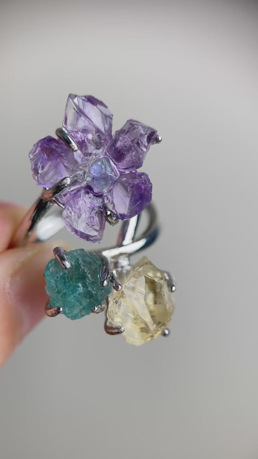 Video of raw amethyst flower, aquamarine, blue apatite and citrine crystal garden ring by Oryssia