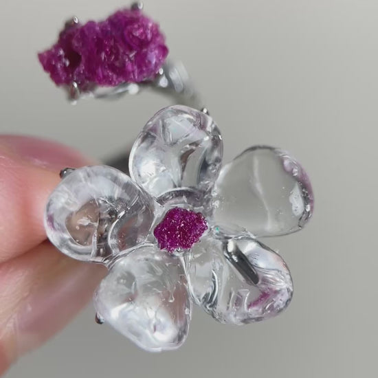 Video of Clear Quartz Flower Ring with polished quartz petals and raw Ruby accents