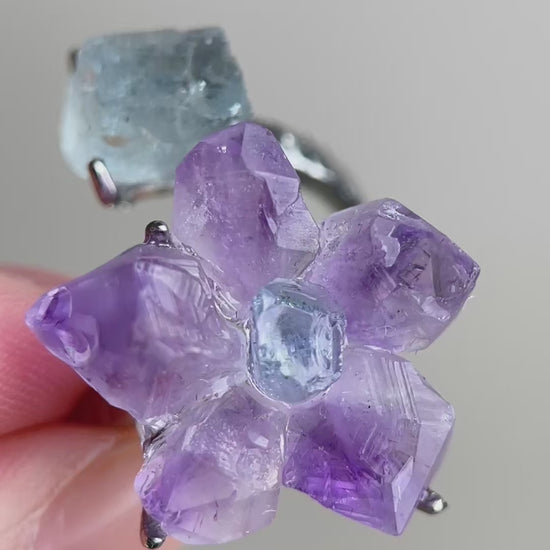 Video of Raw Amethyst flower and Aquamarine two stone ring