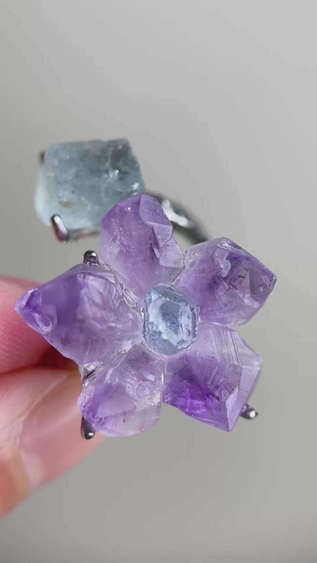 Video of Raw Amethyst flower and Aquamarine two stone ring