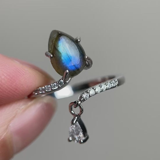 Video of pear cut Labradorite open ring from India showing shifting blue labradorescence in motion