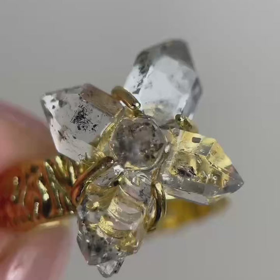 Video of Herkimer Diamond Quartz cross ring showing clear double-terminated crystal and cross design
