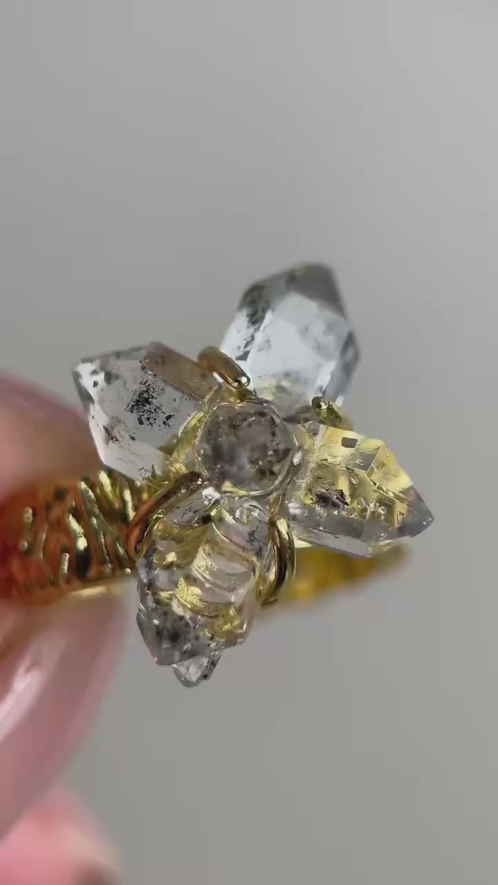Video of Herkimer Diamond Quartz cross ring showing clear double-terminated crystal and cross design