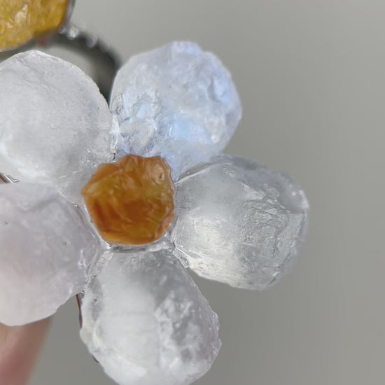 Moonstone flower and citrine two stone ring with natural crystal glow and golden tones, adjustable band, close-up detail video