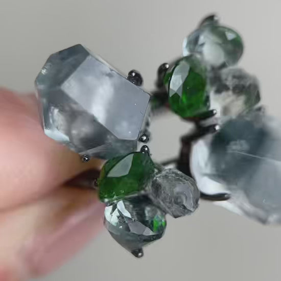 Video of Blue Rutilated Quartz Ring with Hakima Diamond Quartz and Chrome Diopside