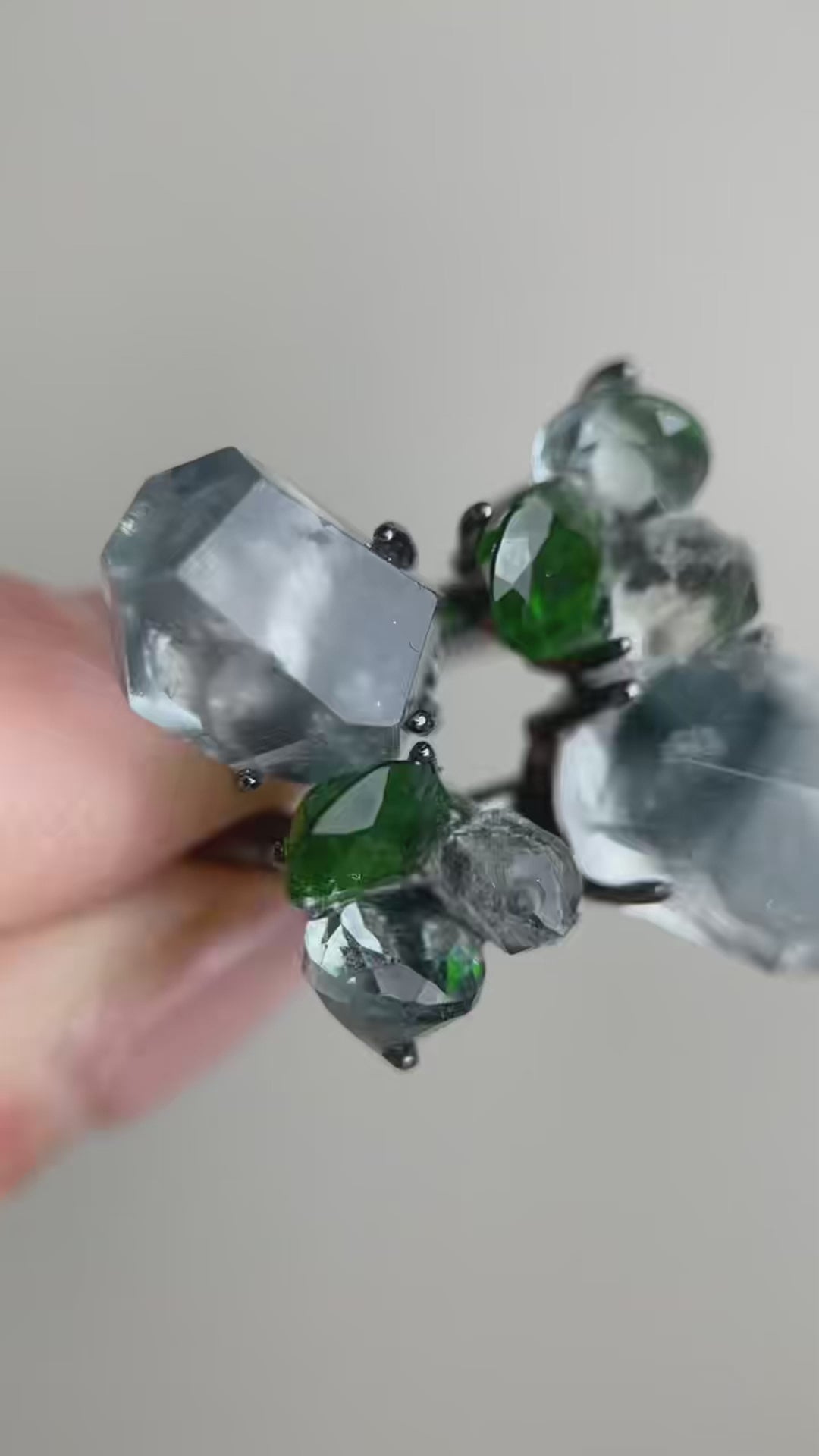 Video of Blue Rutilated Quartz Ring with Hakima Diamond Quartz and Chrome Diopside