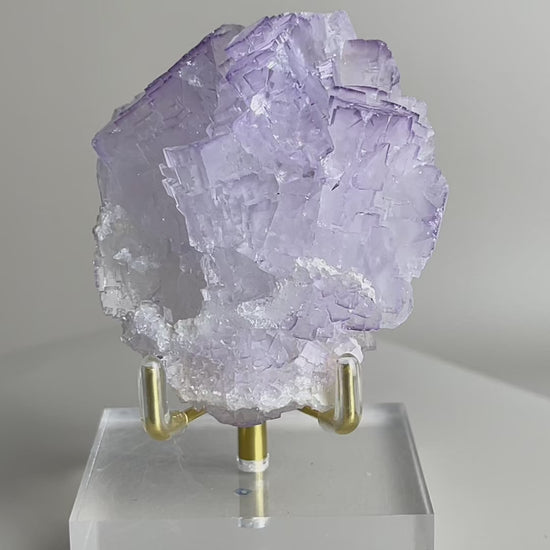 Purple fluorite matrix from China display video, featuring natural cubic violet fluorite crystals formed on matrix, a one-of-a-kind mineral specimen for collectors and display.