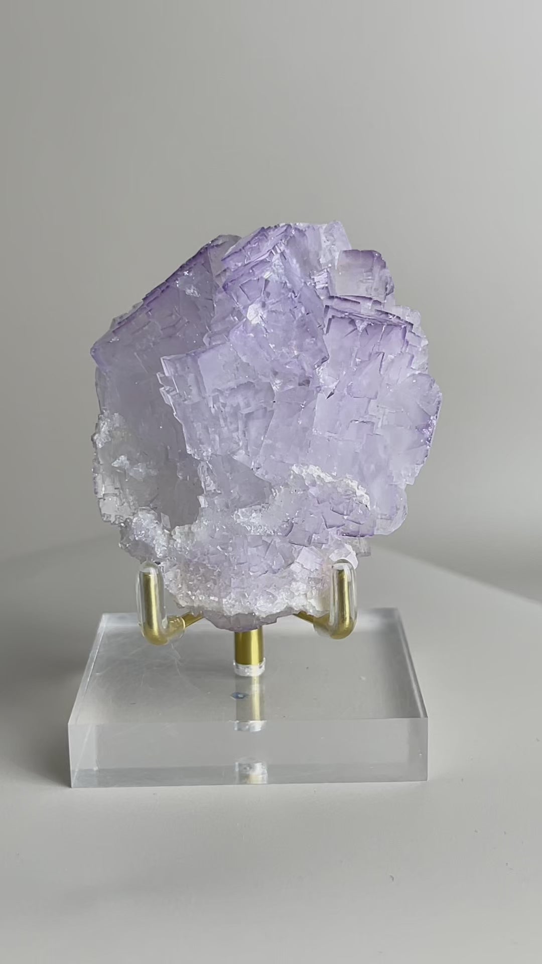 Purple fluorite matrix from China display video, featuring natural cubic violet fluorite crystals formed on matrix, a one-of-a-kind mineral specimen for collectors and display.