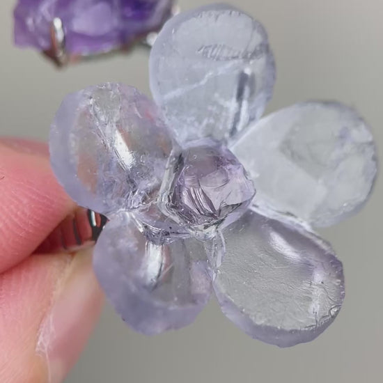 Video of Purple Fluorite and Amethyst crystal flower ring showing translucent purple detail