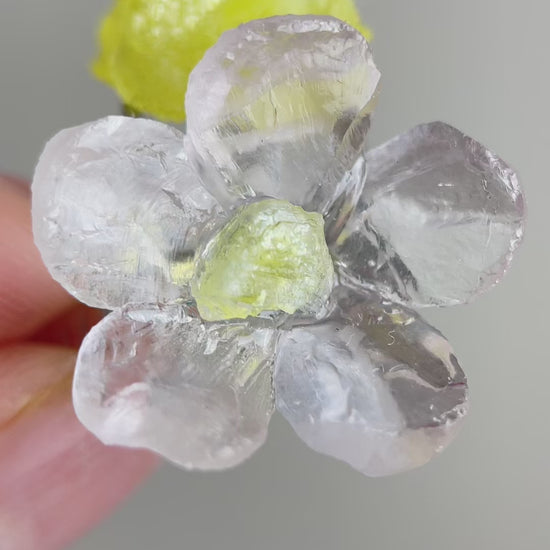Video of hand-carved Rose Quartz flower ring with Brucite by Oryssia