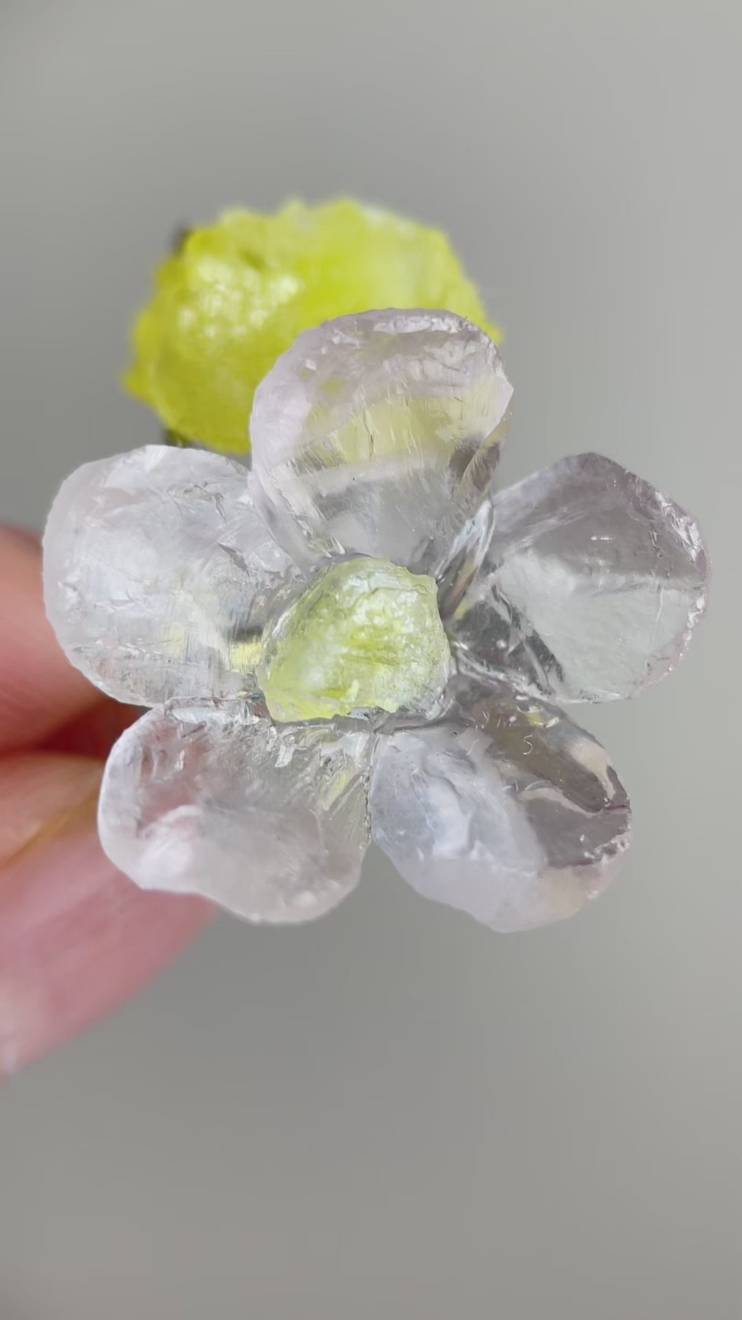 Video of hand-carved Rose Quartz flower ring with Brucite by Oryssia