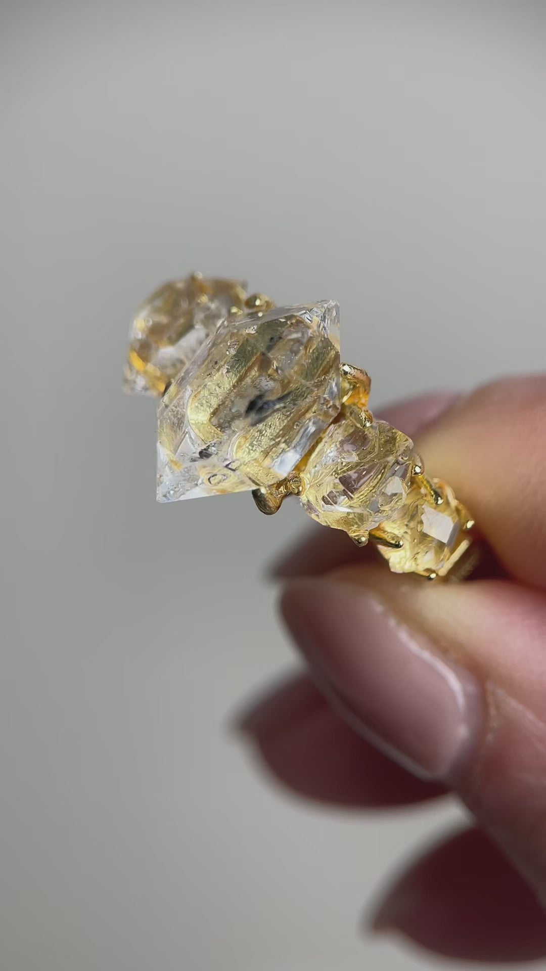 video clear herkimer diamond quartz row ring