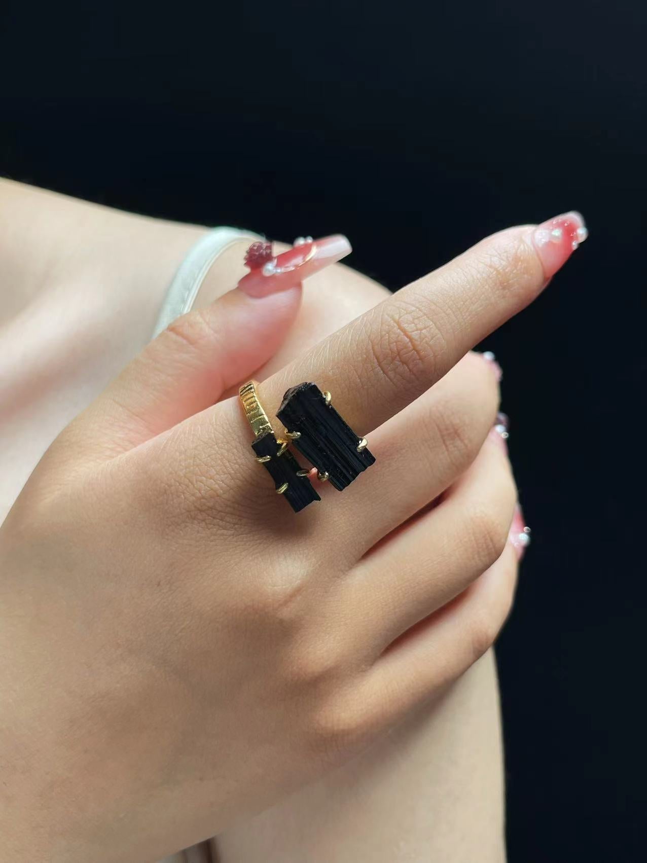 Black Tourmaline Raw Twin Crystal Ring