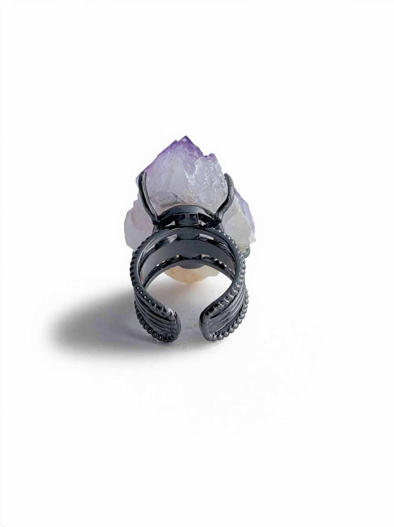 Back view of Natural Purple Cubic Fluorite Crystal Ring and adjustable open band