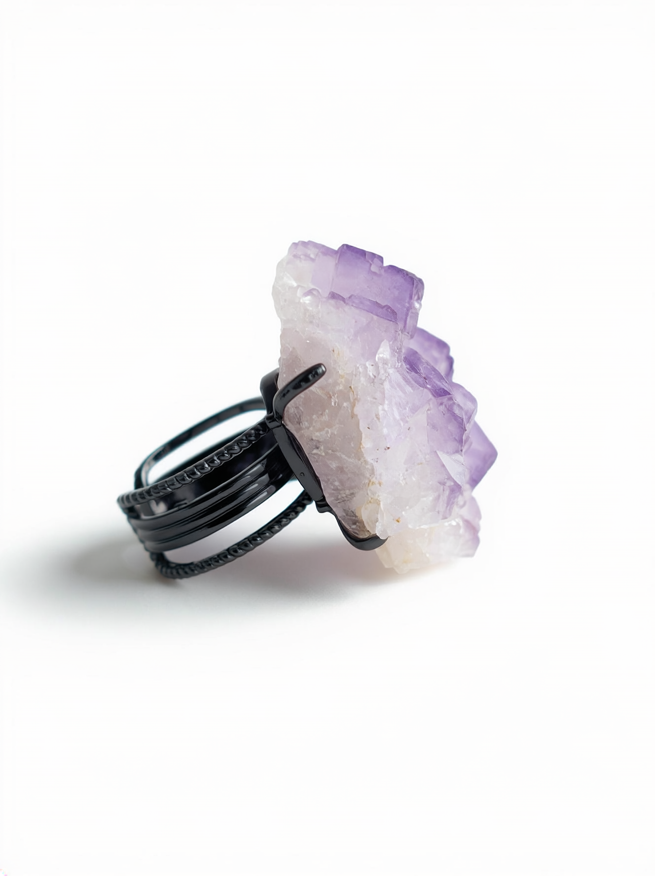 Side view of Natural Purple Cubic Fluorite Crystal Ring with black rhodium plated band