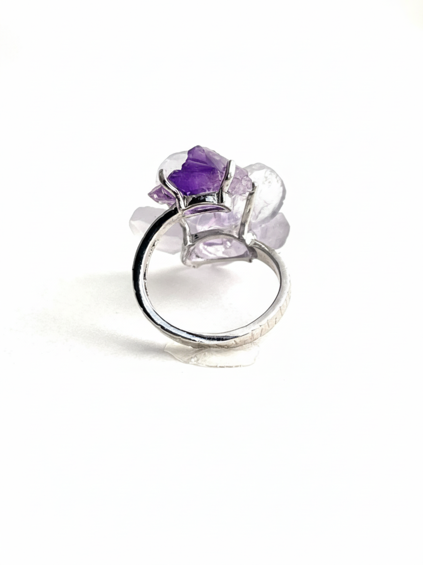 Back view of Purple Fluorite and Amethyst crystal flower ring