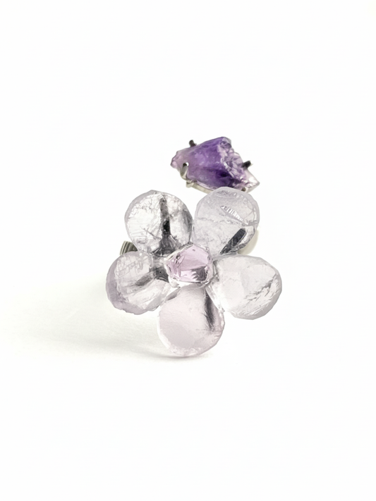 Purple Fluorite and Amethyst crystal flower ring front view
